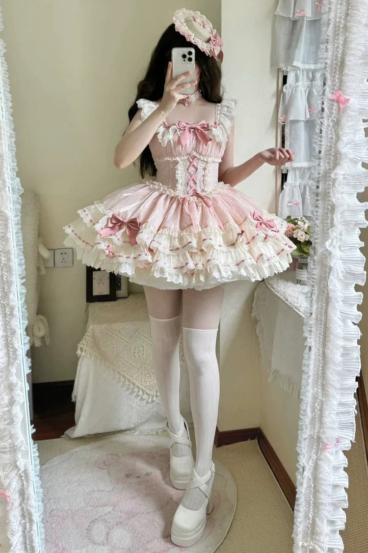 Pink Triple-Layered Bowknot Lace-Up Sweet Princess Ballet Lolita Jsk Dress - Product - 14