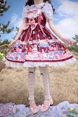 Wine Red Doll Playground Print Ruffle Bowknot Sweet Lolita Jsk Dress - Product - 9
