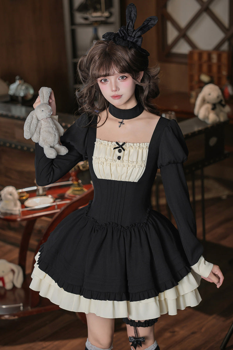[Liya] Square Collar Long Lantern Sleeves Multi-Layered Ruffled Classic Elegant Lolita Dress 2 Colors (Black, Red) - Product - 3
