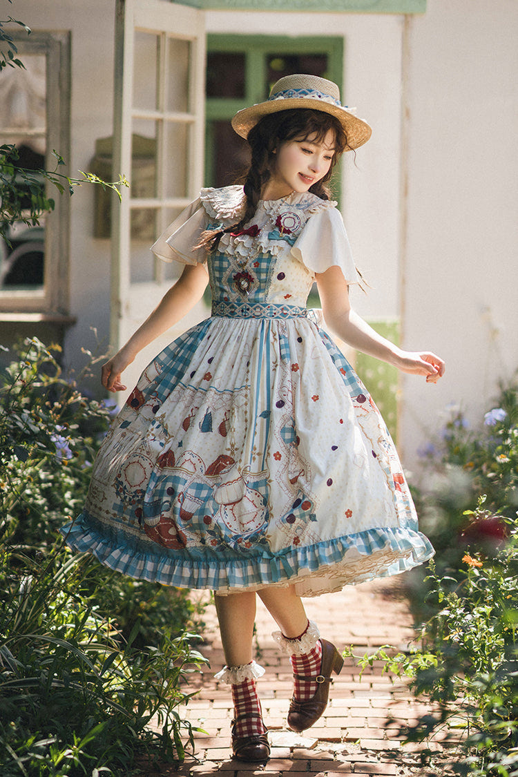 Blue/Green [Tea Party] Print Ruffle Bowknot Lace Sweet Elegant Lolita Jsk Dress - Product - 7