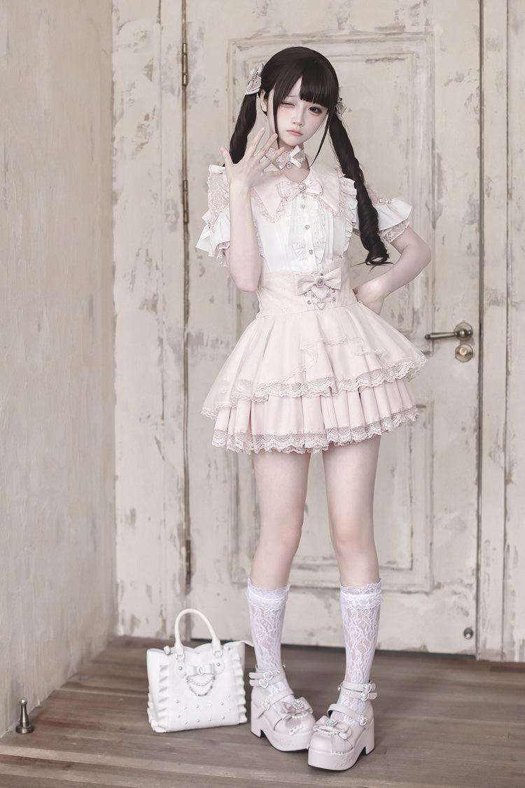 White/Pink [Dreamy Love Ballad] Lapel Collar Short Sleeves Double-Layered Ruffled Cut-Out Bow Gothic Japanese Jirai Kei Skirt Set - Product - 3