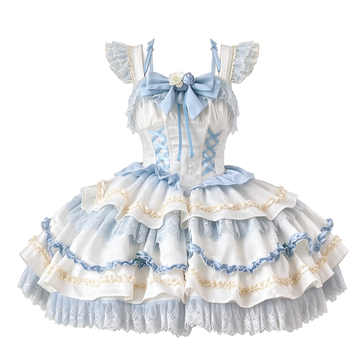 Light Blue and Pink Ruffled Sweet Lolita Dress with Floral Bow Accent