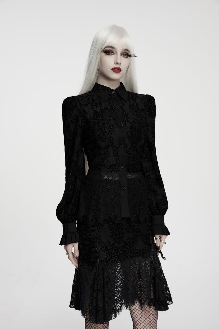 Black Lapel Collar Long Sleeves Embroidered Lace Lace-Up Women's Gothic Elegant Blouse - Product - 6