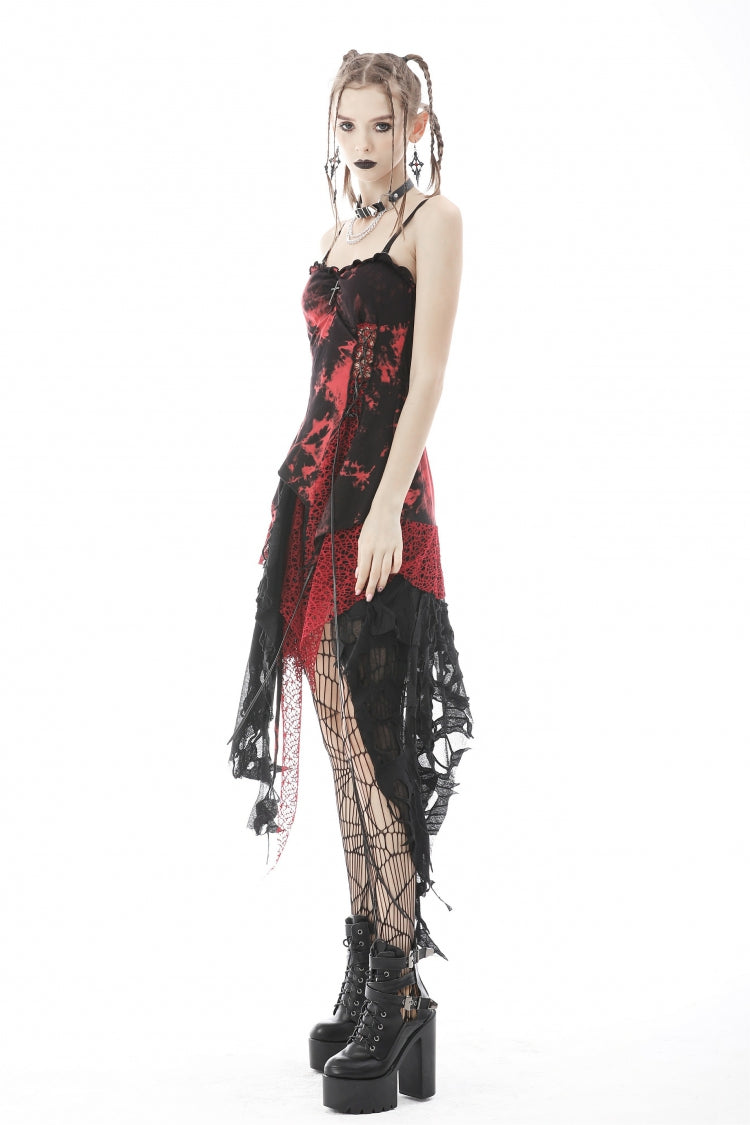 Black/Red Irregular Tie-dyed Patchwork Women's Punk Slip Dress - Product - 2