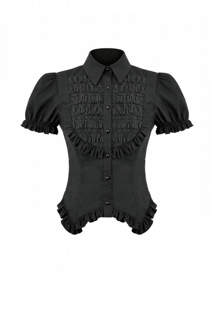 Black Pointed Turn‑down Collar Ruffled Short Puff Sleeves Pleated Women's Gothic Victorian Slim Blouse - Product - 3