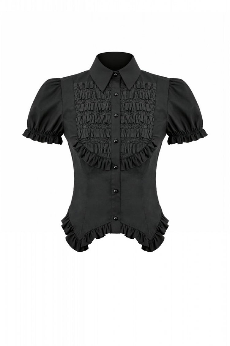 Black Pointed Turn‑down Collar Ruffled Short Puff Sleeves Pleated Women's Gothic Victorian Slim Blouse - Product - 3