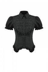 Black Pointed Turn‑down Collar Ruffled Short Puff Sleeves Pleated Women's Gothic Victorian Slim Blouse - Product - 3