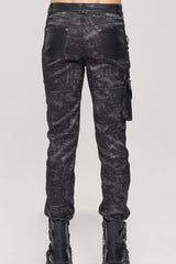 Black Punk Do Old Print Detachable Multi-Pocket Splicing Metal Rivet Decoration Men's Long Pants - Product - 4
