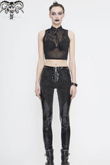 Black Stand Up Collar Sleeveless Flocked Printed Mesh Metal Women's Punk Vest - Product - 8