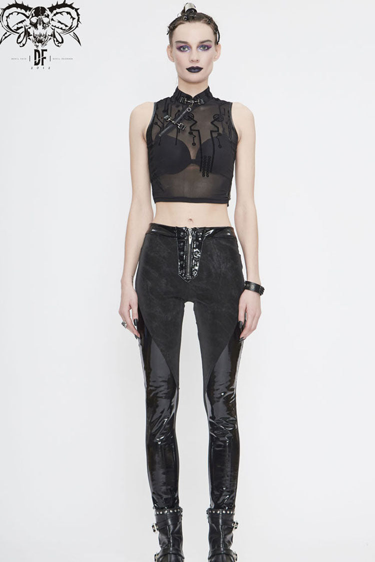 Black Stand Up Collar Sleeveless Flocked Printed Mesh Metal Women's Punk Vest - Product - 8
