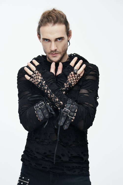 Black Ripped Finger Covered Autumn Hooded Mens Punk T-Shirt - Product - 3