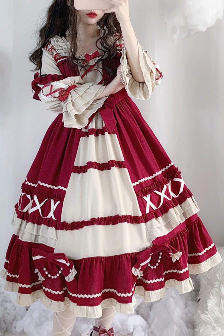 Wine Red Bowknot Long Sleeves Ruffle Sweet Lolita Op Dress - Wine Red - 1
