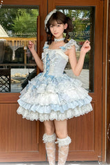 Blue [Honey Sweet Tart] Square Collar Sleeveless Multi-Layered Jacquard Ruffled Bow Lace Lace-Up Lolita Jsk Dress - Product - 5