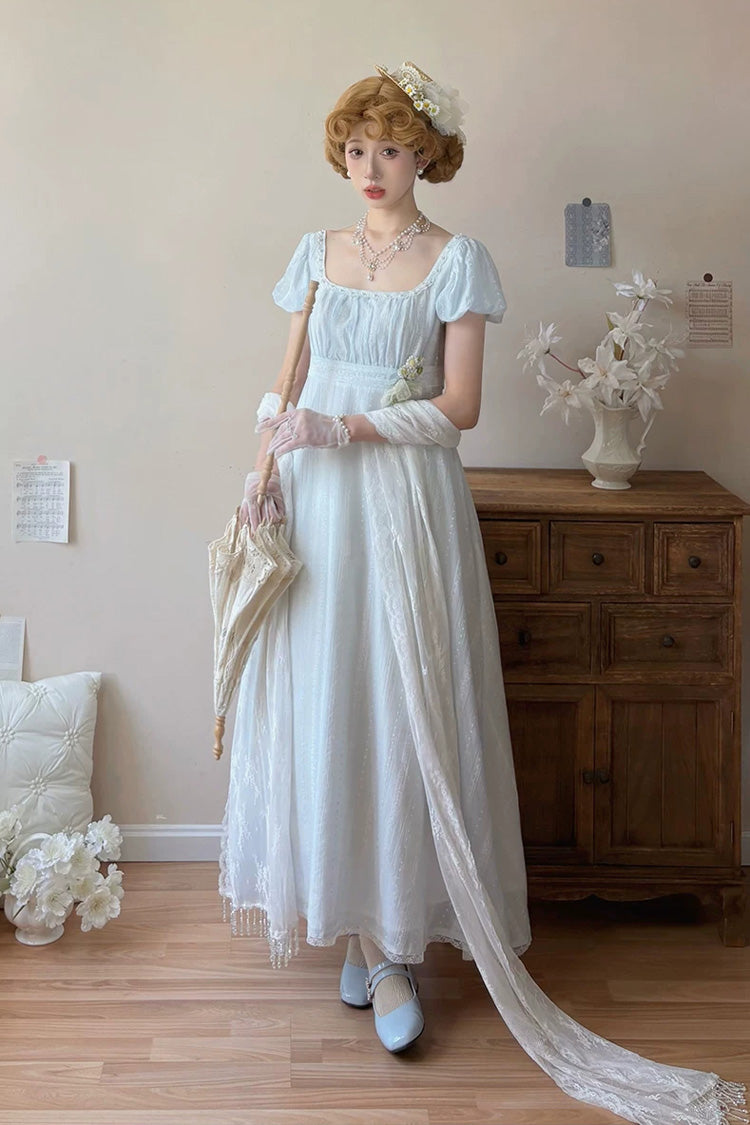 Blue Square Collar Short Sleeves Jacquard Ruffled Lace Sweet Elegant Lolita Dress - Product - 2