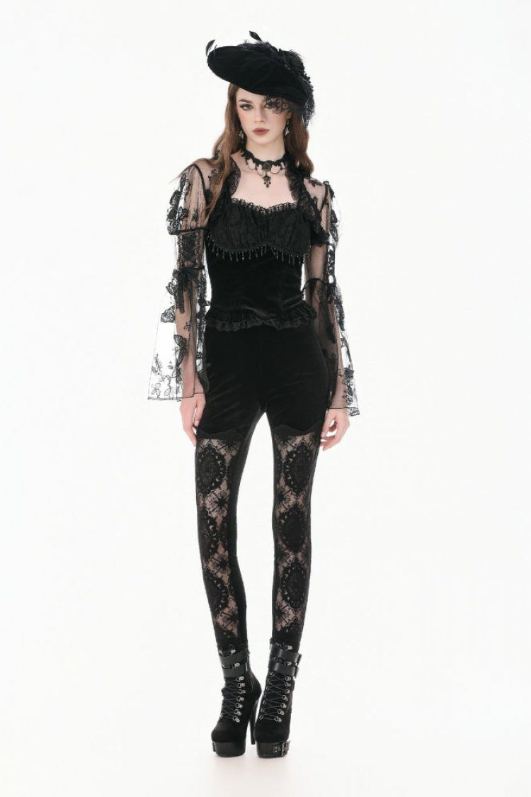 Black Women's Gothic Retro Embroidered Sheer Lace Patchwork Slim Leggings - Product - 6