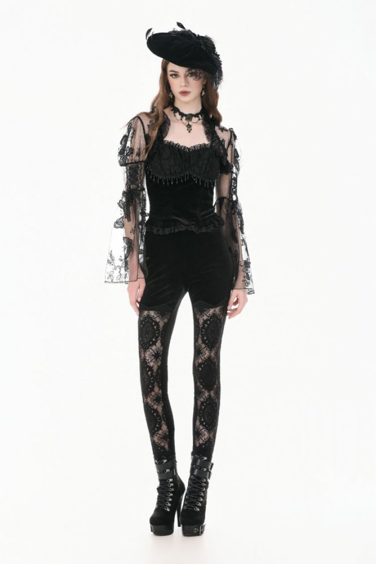 Black Women's Gothic Retro Embroidered Sheer Lace Patchwork Slim Leggings - Product - 6