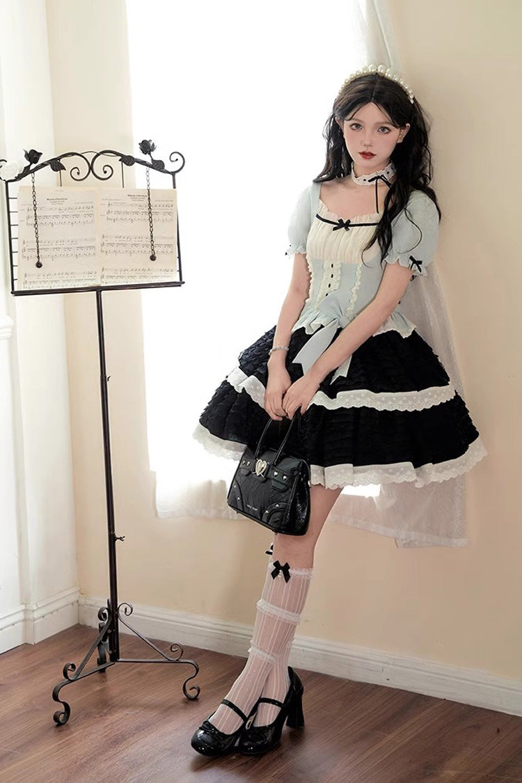 Black/Blue Mint Dark Chocolate Fake Two-piece Square Collar Ruffle Bowknot Sweet Lolita Dress - Product - 2