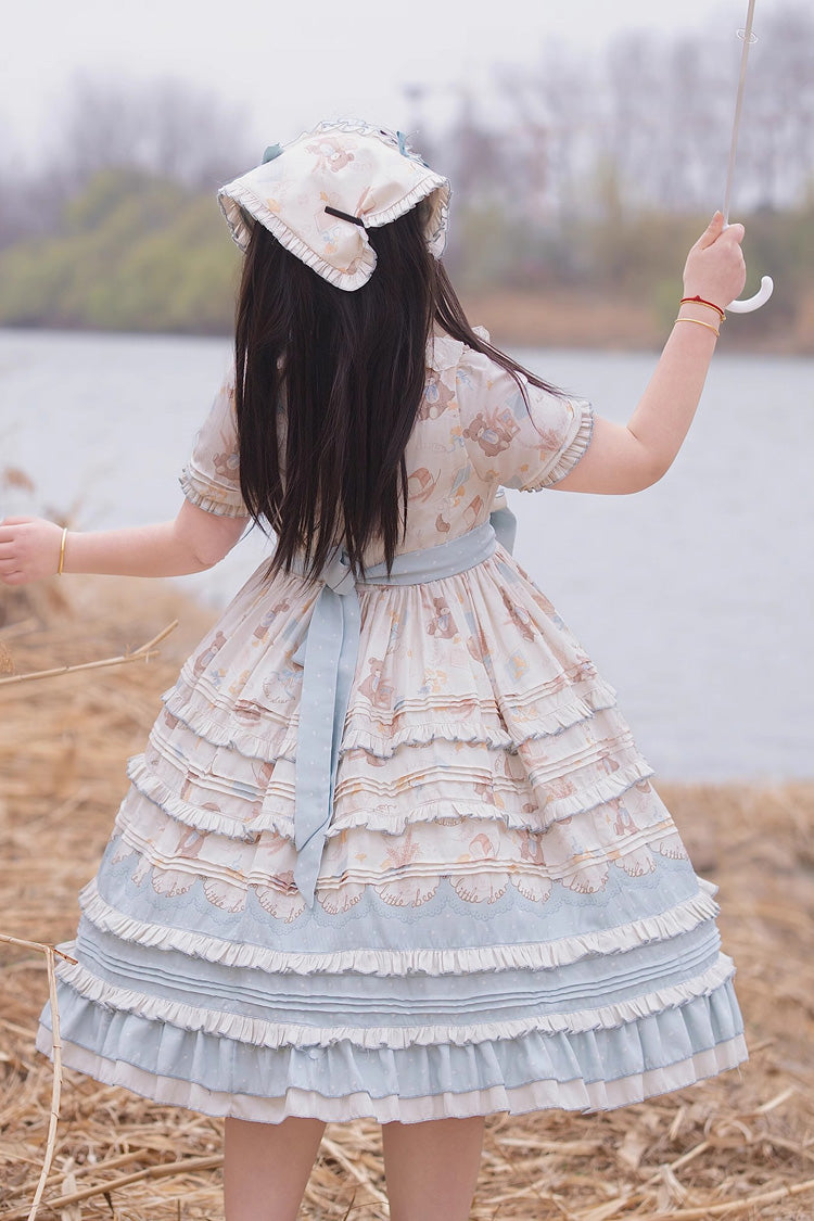 Blue/Apricot [Harvest Bear] Print Short Sleeves Multi-Layered Ruffle Bowknot Sweet Plus Size Lolita Dress 2 Versions - Product - 4