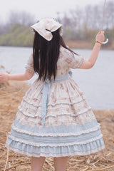 Blue/Apricot [Harvest Bear] Print Short Sleeves Multi-Layered Ruffle Bowknot Sweet Plus Size Lolita Dress 2 Versions - Product - 4