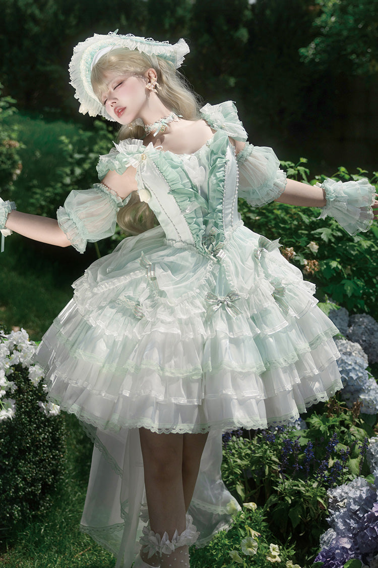 Green [Tulip and Wind Chime] Multi-Layered Ruffle Bowknot Lace Sweet Gorgeous Lolita Jsk Dress - Product - 3