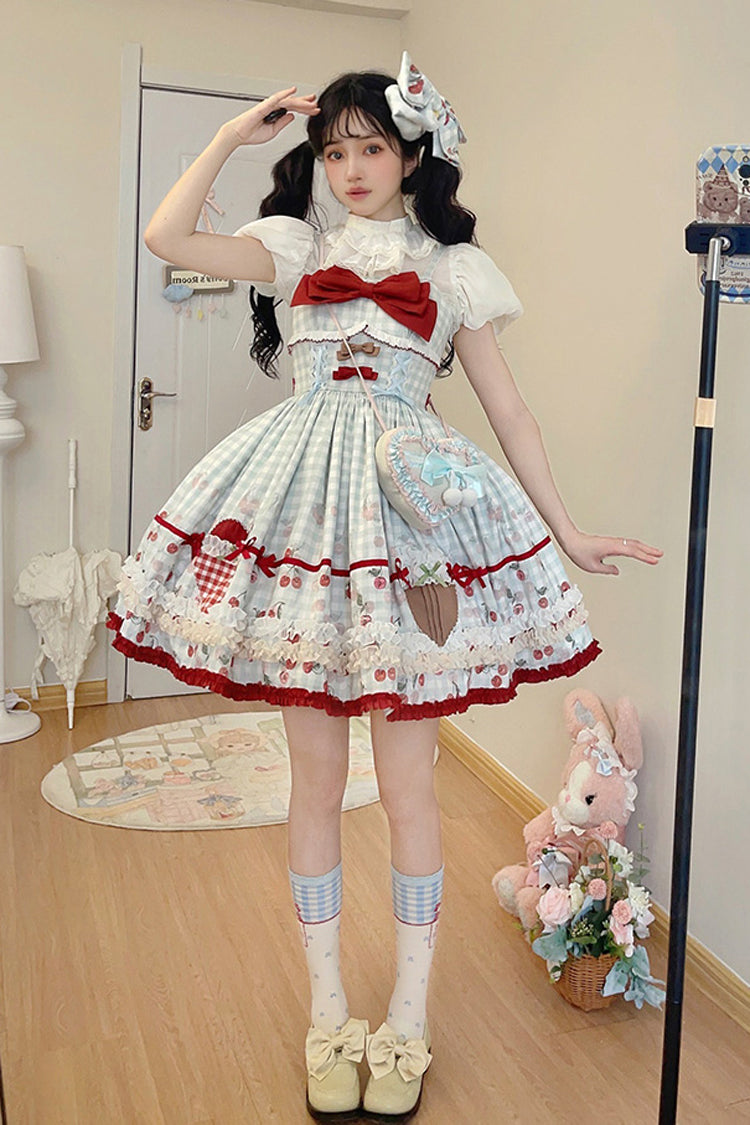 Light Blue [South City Cherry Shop] Plaid Print Ruffle Bowknot Sweet Lolita Jsk Dress - Product - 7