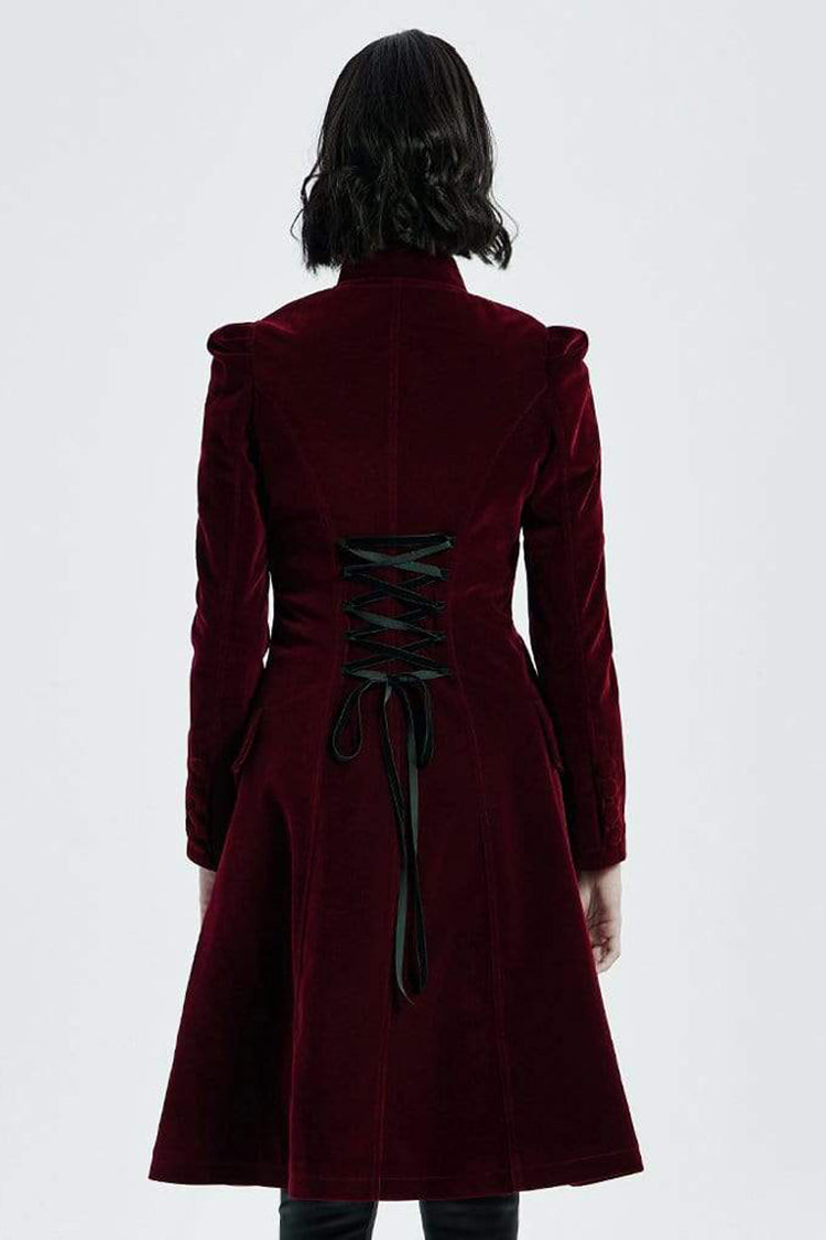 Red Gothic Velvet Stand Up Collar Front Chest Decals Back Waist Lace Up Women's Coat - Product - 3