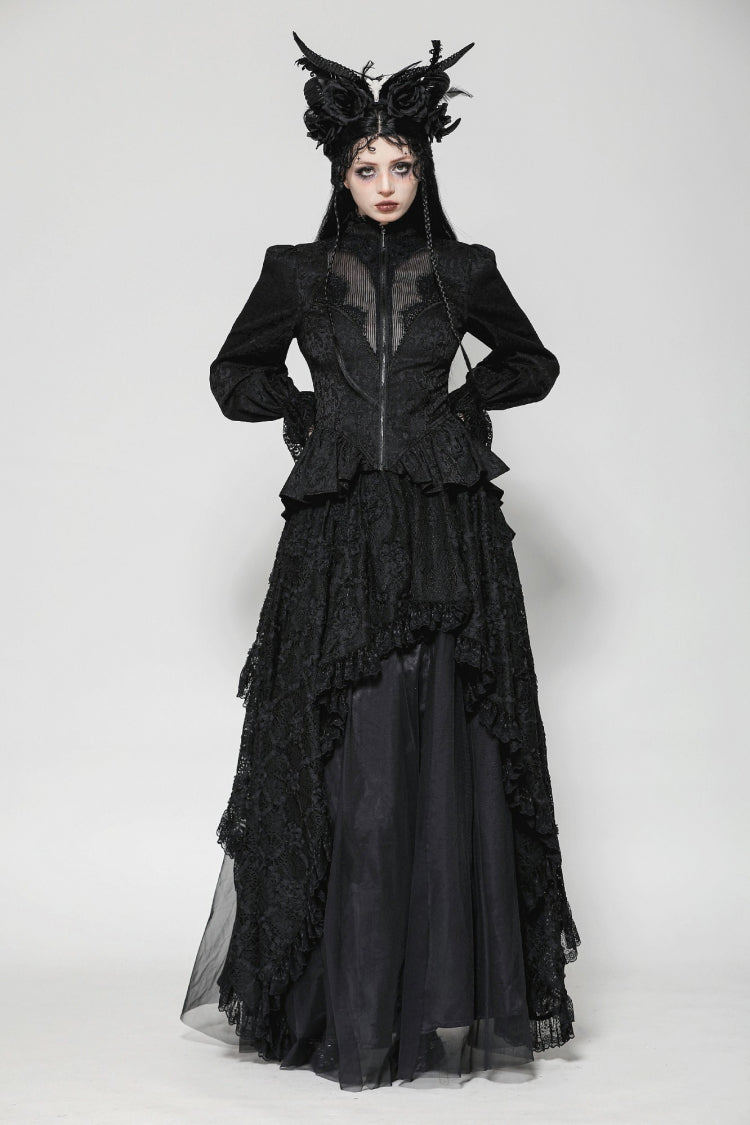 Black Stand Collar Long Trumpet Sleeves Lace Sheer Lace-Up Women's Gothic High Low Tail Coat - Product - 9