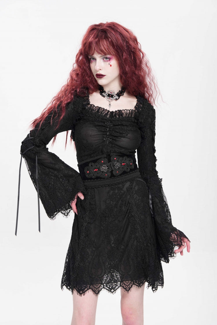 Black Square Collar Long Trumpet Sleeves Embroidered Lace-Up Women's Gothic Dress - Black - 1