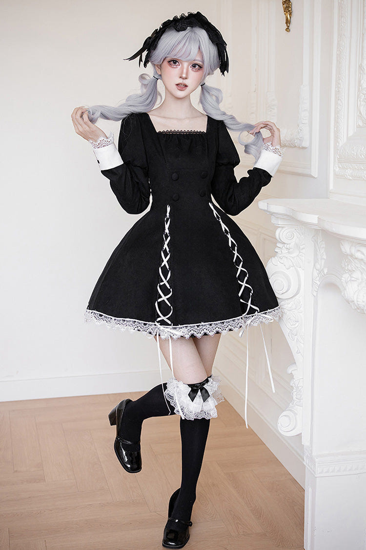 Black/White [Rose Doll] Square Collar Long Sleeves Bowknot Lace-Up Gothic Lolita Dress Set 2 Versions - Product - 20