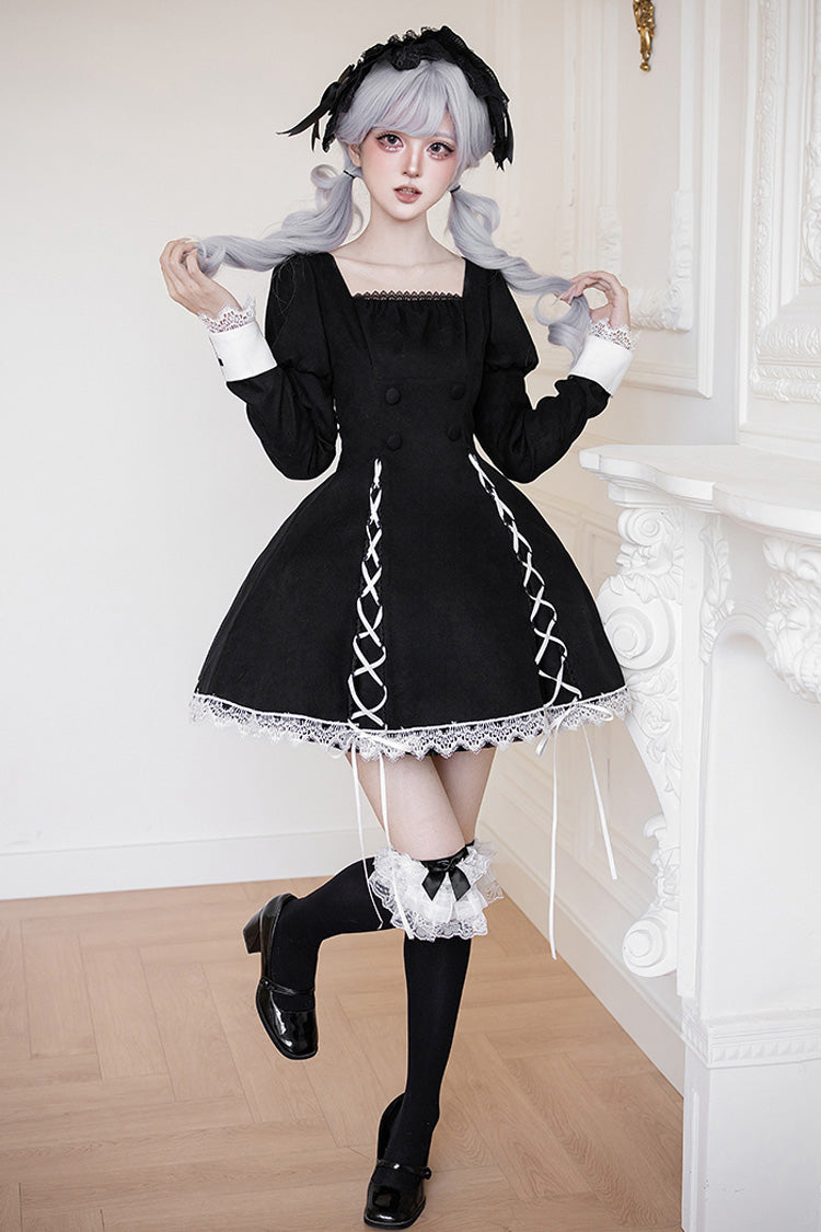 Black/White [Rose Doll] Square Collar Long Sleeves Bowknot Lace-Up Gothic Lolita Dress Set 2 Versions - Product - 20