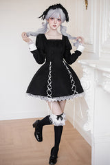 Black/White [Rose Doll] Square Collar Long Sleeves Bowknot Lace-Up Gothic Lolita Dress Set 2 Versions - Product - 20