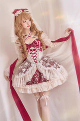 Red [Lilibet] Print Ruffle Cardigan Bowknot Lace Fishbone Sweet Lolita Dress - Product - 4