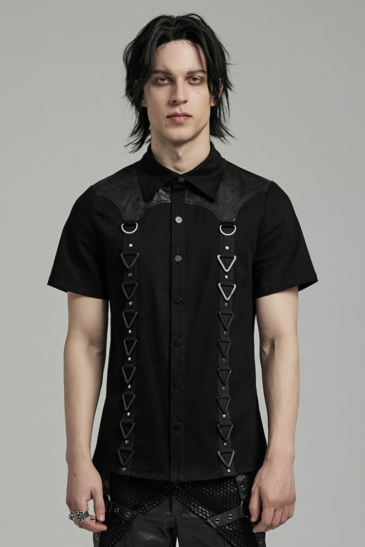 Black Lapel Collar Short Sleeves Stitching Men's Punk Blouse - Black - 1