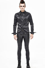 Black Twill Fold Collar Sharp Corner Cuff Light Metal Ring Webbing Men's Punk Shirt - Product - 6