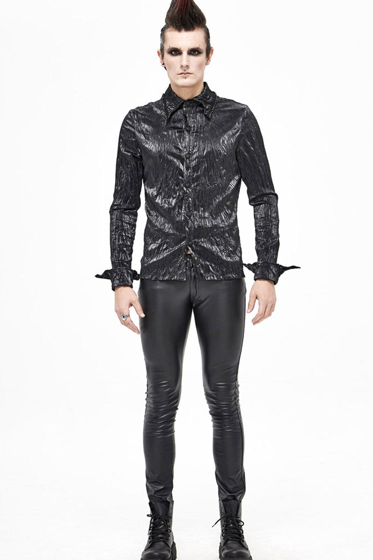 Black Twill Fold Collar Sharp Corner Cuff Light Metal Ring Webbing Men's Punk Shirt - Product - 6