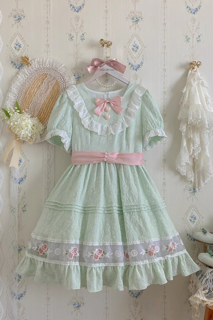 Green Short Sleeves Rose Print Ruffle Bowknot Sweet Lolita Dress - Product - 5