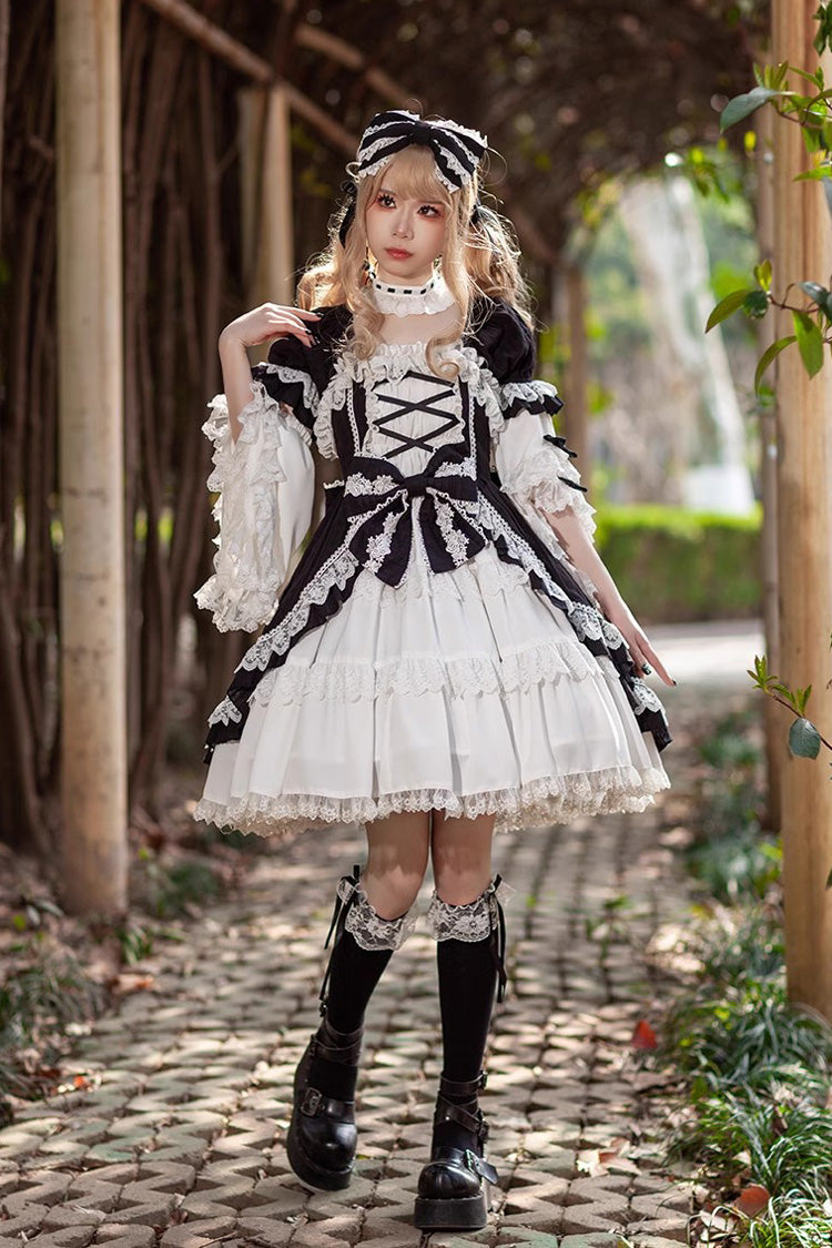 White/Black Short Sleeves Cardigan Bowknot Doll Sweet Lolita Dress - Product - 11
