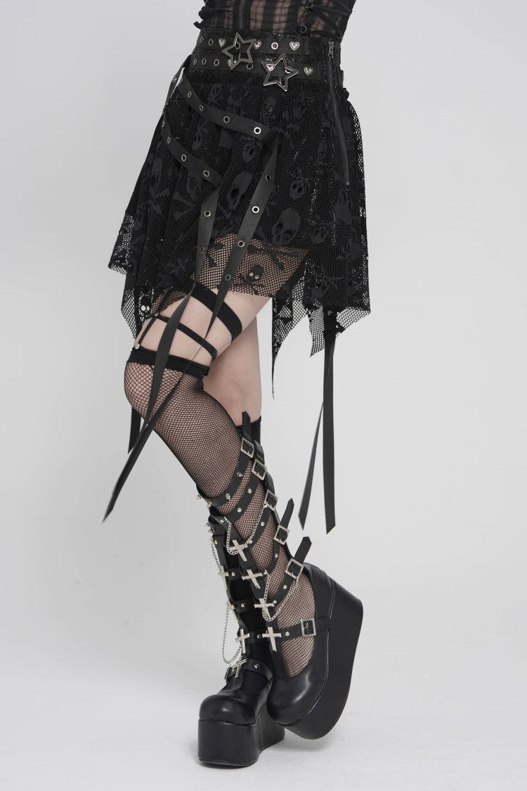 Black Double-Layered Lace Lace-Up Irregular Mesh Eyelet Women's Punk Skirt - Product - 5