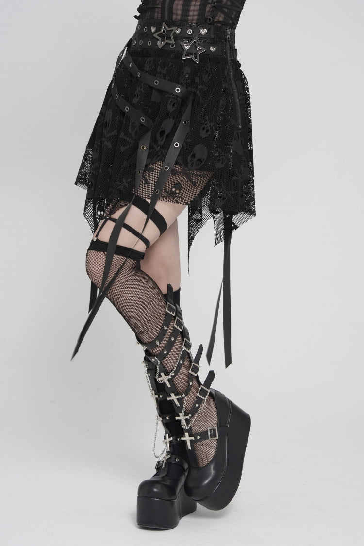 Black Double-Layered Lace Lace-Up Irregular Mesh Eyelet Women's Punk Skirt - Product - 5