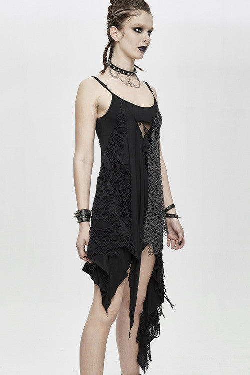 Black Asymmetrical Punk Torn Broken Holes Knitted Womens Slip Dress - Product - 2