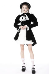 Black/White Frilly Collar Skull Bow Tie Long Puff Sleeves Lace Lace-Up Women's Gothic Vintage Velvet Jacket - Product - 10