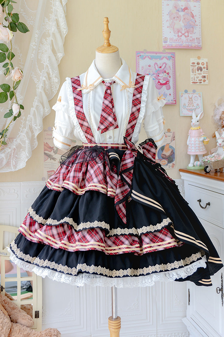 Multi-layer Print Ruffle Bowknot Sweet Lolita Skirt Set 3 Colors - Red - 1