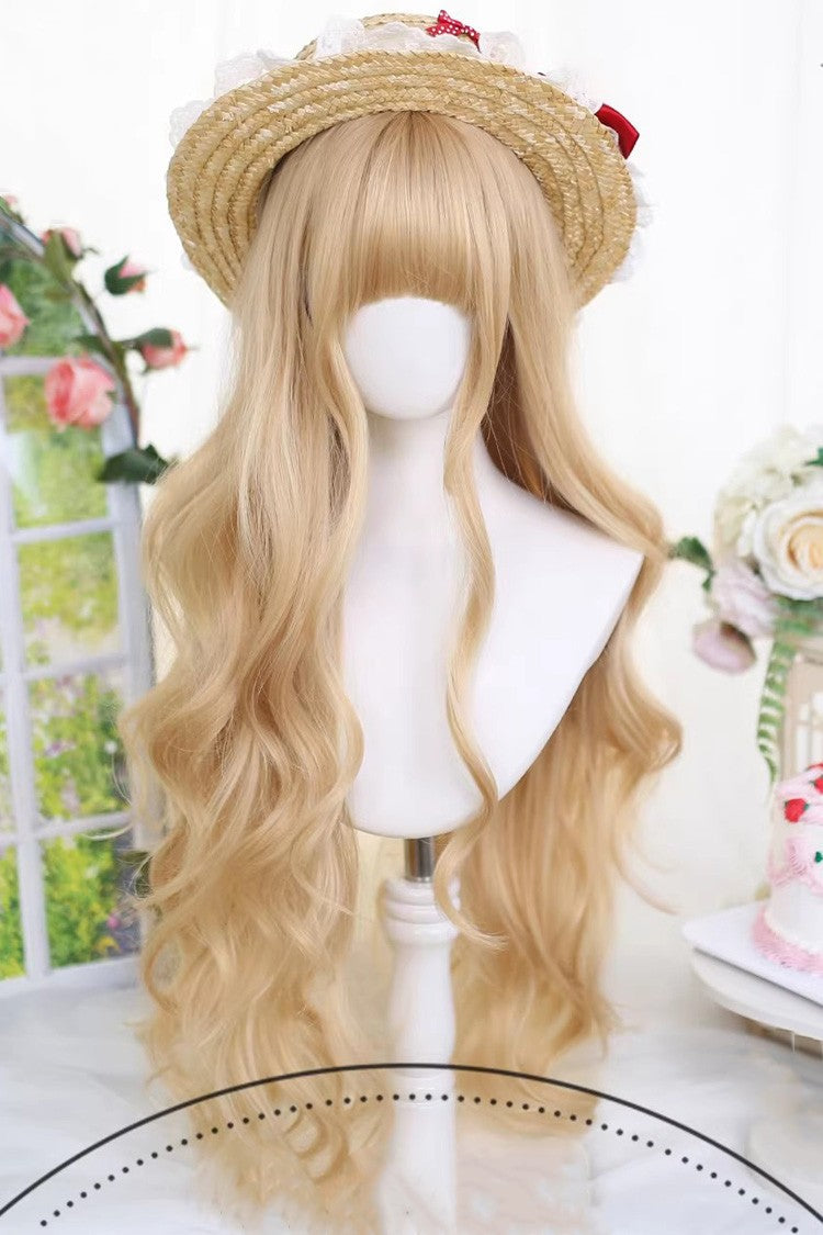 Almond Blonde Long Wavy Blunt Bangs Daily Sweet Lolita Wig - Almond-Blonde - 1