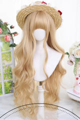 Almond Blonde Long Wavy Blunt Bangs Daily Sweet Lolita Wig - Almond-Blonde - 1