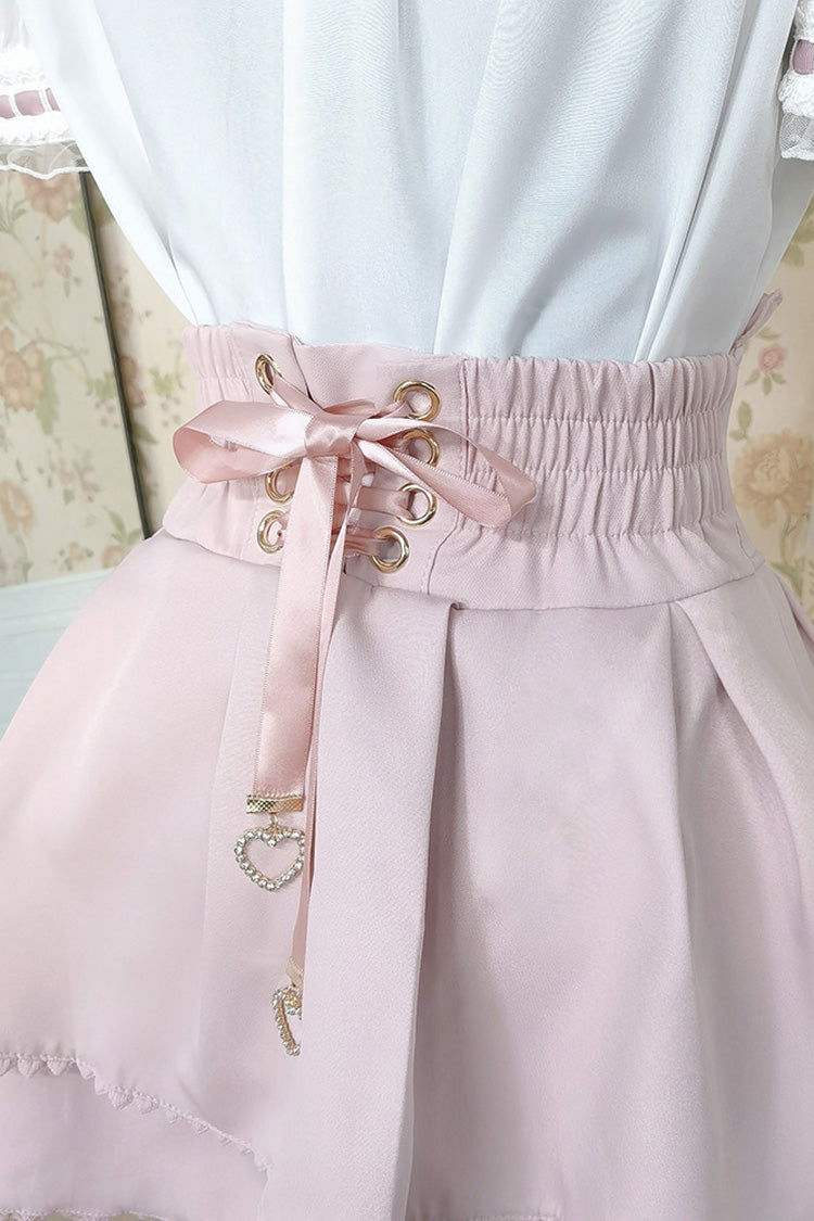 White/Pink Lapel Collar Short Sleeves Double-Layered Ruffle Bowknot Sweet Jirai Kei Set - Product - 7