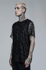 Black Punk Irregular Ripped Mesh Stitching Stretch Loose Knit Short Sleeved Men's T-Shirt - Product - 2