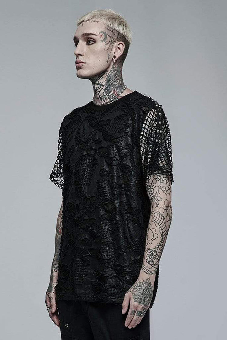 Black Punk Irregular Ripped Mesh Stitching Stretch Loose Knit Short Sleeved Men's T-Shirt - Product - 2