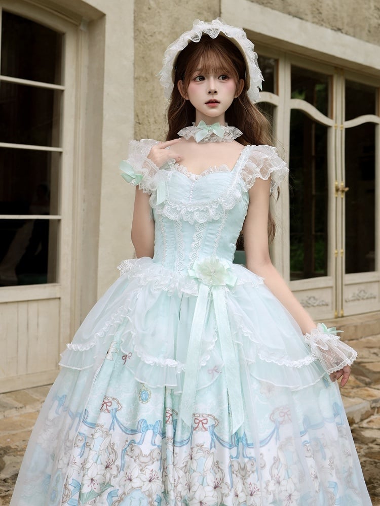 Mint green lily print Lolita JSK back view