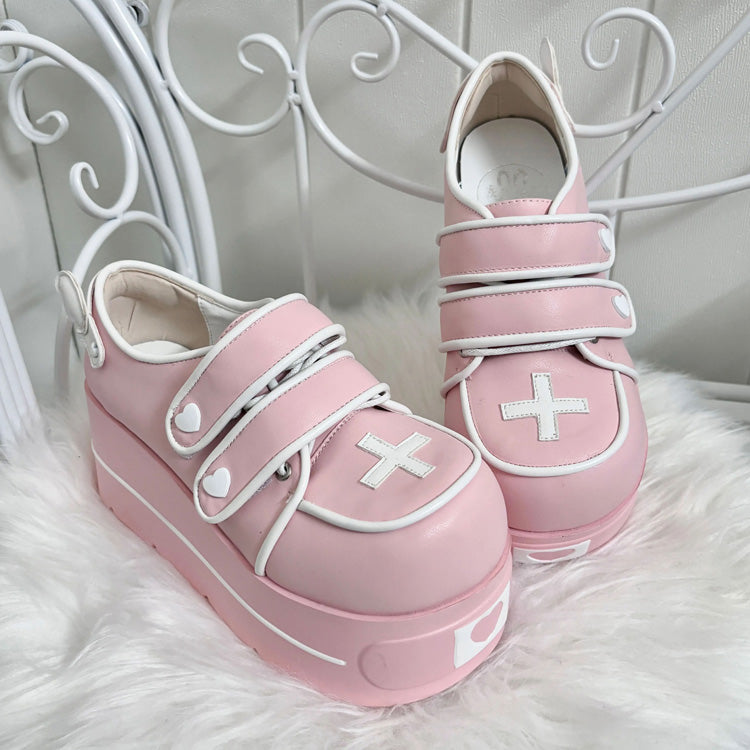 Medical Series Heart Style Double Strap Round-Toe Sweet Lolita Platform Shoes 3 Colors - Pink - 1