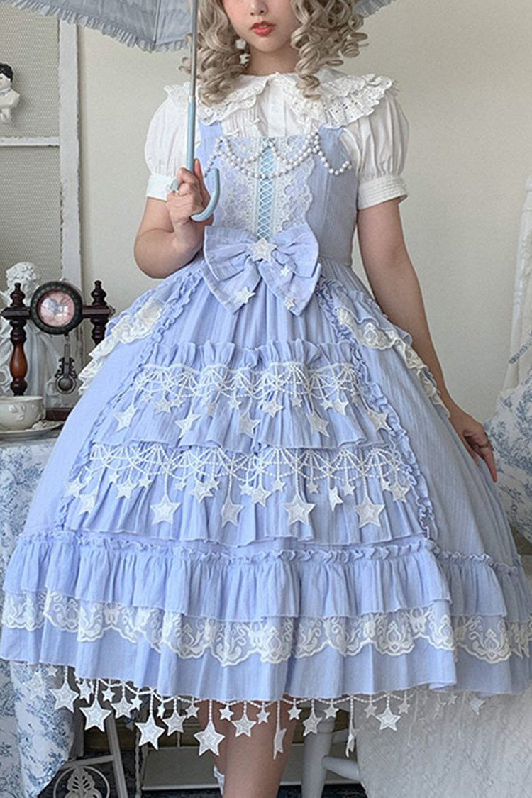 Blue Headbow Lace Ruffled Hanayome Sweet Lolita JSK Tiered Dress - blue - 1